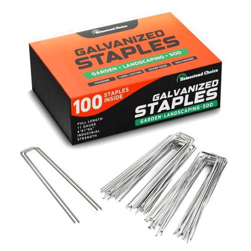 Homestead Choice 6 Inch Galvanized Landscape Staples - 100 Metal Garden Stakes for Gardening - 11 Gauge Anti-Rust Heavy-Duty Ground Sod Pins Yard Stakes for Weed Barrier Fabric Irrigation Tubing Hose