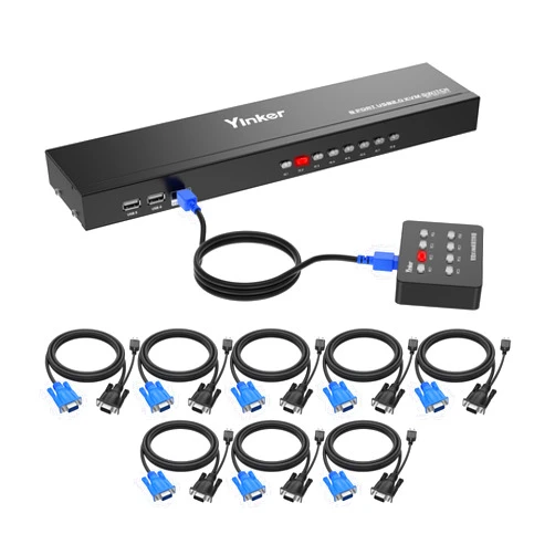 Yinker VGA KVM 8 Port, USB VGA Rackmount KVM + 8 KVM Cables + 4 USB Hubs + Wired Desktop Selector + Rack Mount Ears