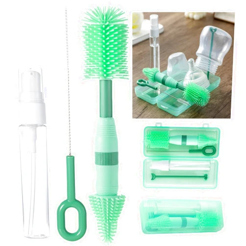 Anivona Travel Bottle Cleaner Kit, Anivona 5 in 1 Baby Bottle Cleaner Kit with Extendable Silicone Brush, Nipple Brush, Straw Brush, Soap Dispenser, Drying Rack, Ideal Gifts for Baby Travel Essential (Green)