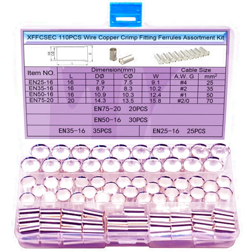 XFFCSEC 110PCS Crimp Fitting-(4Types Gauge: AWG 4,2,1,0) Non-Insulated Wire Ferrules for Car Amp Clean Install