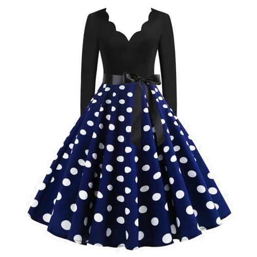 Tmtolofot Women's Vintage Polka Dots Dress Long Sleeve Knee-Length Costume Dresses Cocktail Party Evening Gowns Tunic Dress