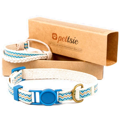 Pettsie Easy Adjustable Cat Collar Set, Safety Breakaway Buckle, Matching Friendship Bracelet, Soft Cotton for Sensitive Skin, Ideal for Kitty Lovers, Fits Neck Sizes 7.5-11.5 Inches, Blue