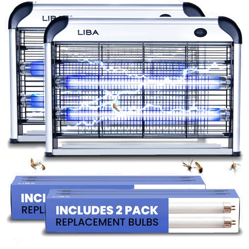 LiBa Electric Bug Zapper (2-Pack) Indoor Insect Killer - (4) Extra Replacement Bulbs - Fly, Mosquito Killer and Repellent - Lightweight, Powerful 2800V Grid, Easy-to-Clean, Removable Washable Tray.