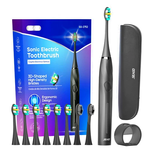 SEAGO Electric Toothbrush with 8 Soft Bristle Heads for Adults，Pressure Sensor, 5 Modes with 2 Minutes Build in Smart Timer,Rechargeable Travel Toothbrush with Brush Hold and Travel Case(Black)