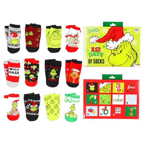 MJC Dr. Seuss The Grinch 12 Days Of Christmas Socks Advent Calendar 12 Day Punch Out Window Adult Ankle No Show Gift Box Set