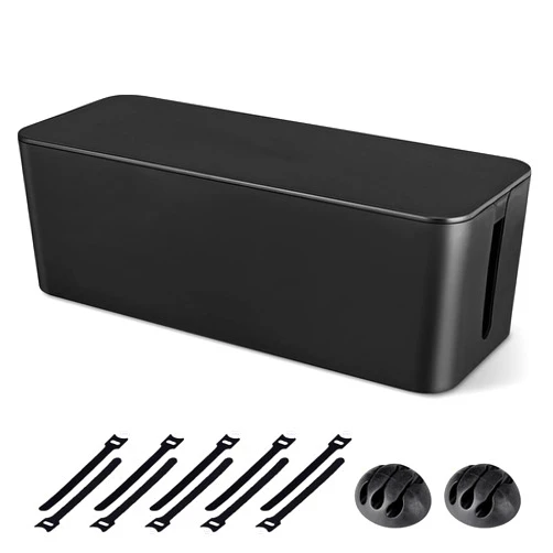 Chouky Cable Management Box, Large Cord Organizer Box to Hide Power Strip & Under Desk,TV Computer Wires Cable Organizer Hider Box with Cable Clips&Reusable Cable Ties for Home/Office(Black)