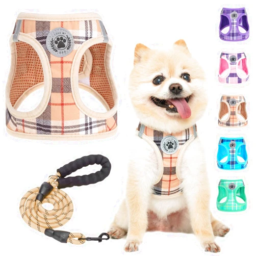 BEAUTYZOO Small Plaid Dog Harness and Leash Set for XS S Pets, Step in No Chock No Pull Soft Mesh Dog Vest Harnesses Reflective for Extra-Small/Small Medium Puppy Dogs and Cats, Beige S