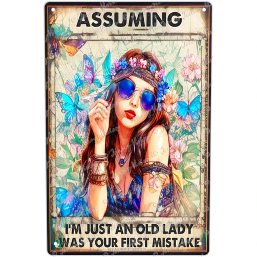 Zomyto Assuming I'm Just An Old Lady Novelty Tin Sign, Hippie Bohemian Room Decor,Funny Birthday Decorations Wall Art Poster,Gift for Grandma,Psychedelic Room Decor 12x8 inch