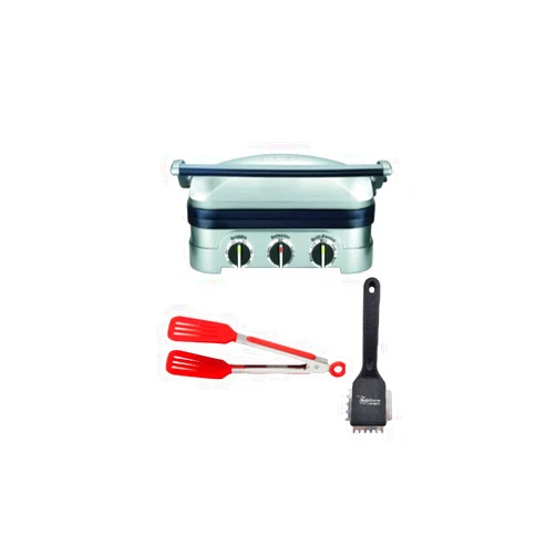 Cuisinart GR-4N Stainless Steel 5-in-1 Griddler with Heavy Duty Small Grill Brush and 8-Inch Nylon Flipper Tongs Bundle (3 Items)
