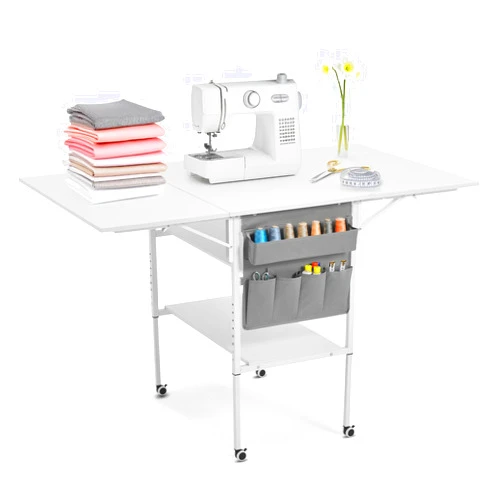 MELLCOM Height Adjustable Sewing Table with Storage Shelves and Storage Bag, Mobile Folding Cutting Table for Large Fabric, Foldable Table for Home Office Sewing Room Craft Room