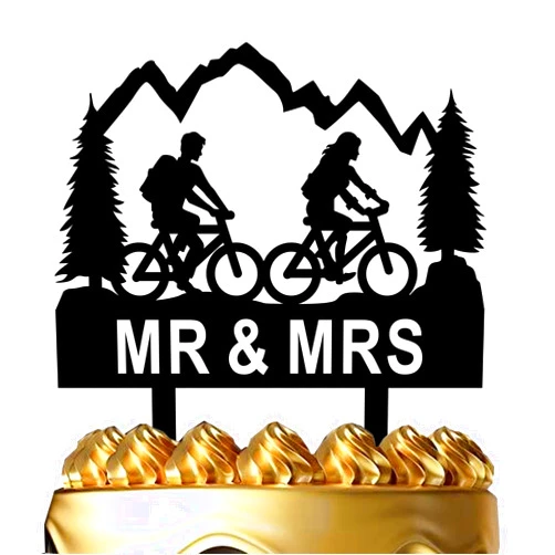 Ximoogoooz Funny Wedding Cake Topper - Groom and Bride with Backpacks on Mountain Bikes - Mountain Biker Couple Cake Topper, Mr&Mrs Wedding Cake Topper (Mountain Biker)