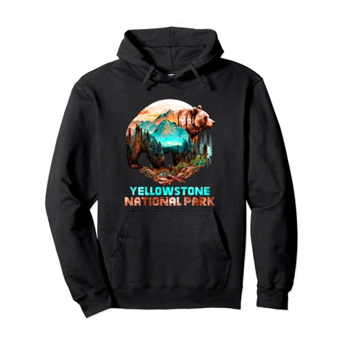 National Parks Vintage-Look & Travel Forest Design Yellowstone National Park Alaska Grizzly Bear Mountain Hike Pullover Hoodie