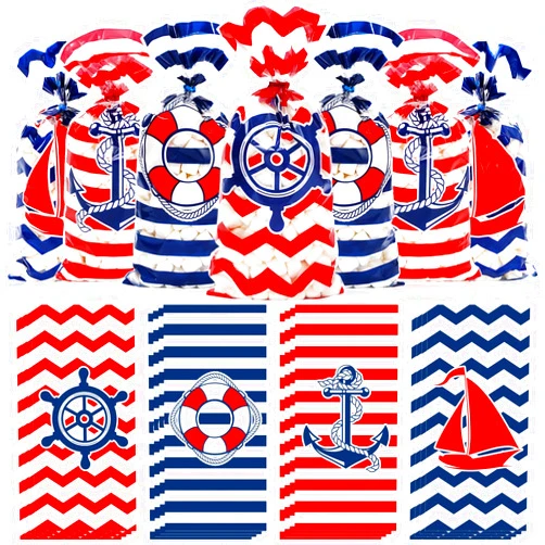 Whaline 160Pcs Nautical Cellophane Treat Bags Anchors Boat Wheel Cello Candy Goodie Gift Plastic Bags Nautical Party Favor Bags with Twist Ties for Nautical Birthday Baby Shower Party Supplies
