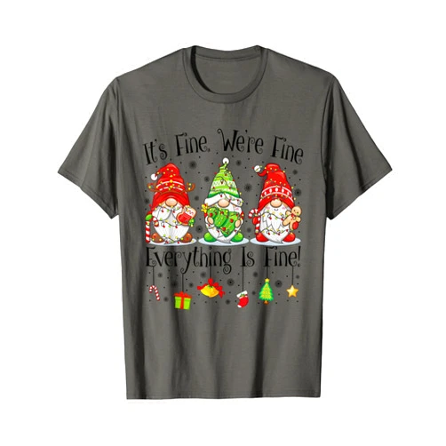 Cute Gnomes Funny Christmas Lights Xmas Family It's Fine We're Fine Everything Is Fine Gnome Teacher Xmas T-Shirt