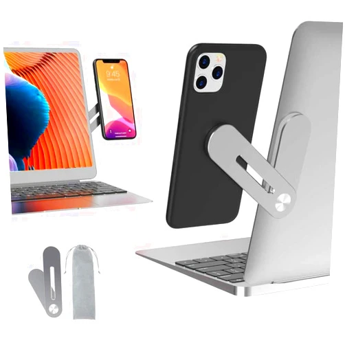 Precision Print Labs Side Mount Clip on Monitor Magnetic Laptop Phone Stand with Adjustable Cellphone Holder Computer Extension Bracket for iPhones and Smartphones