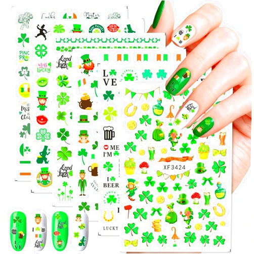 BIWONUI 6 Sheets St. Patrick's Day Nail Art Stickers Green Shamrock Self-Adhesive Nail Charms Decals for Women Men DIY Nails Art Stickers Saint Patricks Day Manicure Decoration