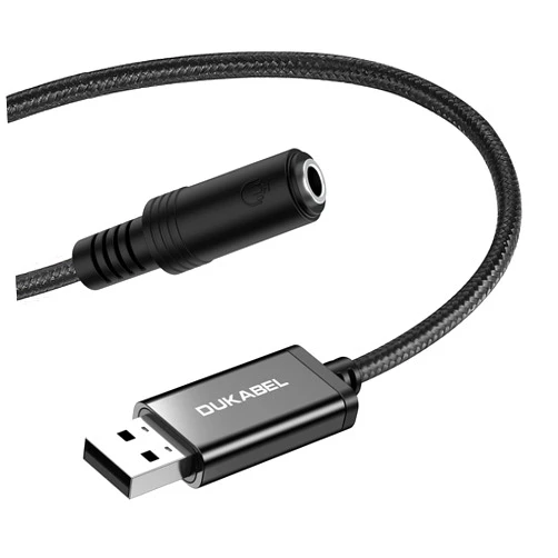 DUKABEL USB to 3.5mm Jack Audio Adapter, USB to Aux Cable with TRRS 4-Pole Mic-Supported USB to Headphone AUX Adapter Built-in Chip External Sound Card for PC PS4 PS5 and More [9.8 inch]