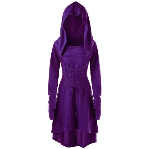 FEOYA Women's Hooded Sweatshirt Dress Medieval High Low Cloak Robe Steampunk Gothic Long Sleeve Renaissance Dresses