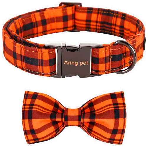 ARING PET Dog Collar, Cute Fall Dog Collar with Bow, Adjustable Halloween Orange Grid Bowtie Dog Collars Gift with Metal Buckle for Small Medium Large Dogs