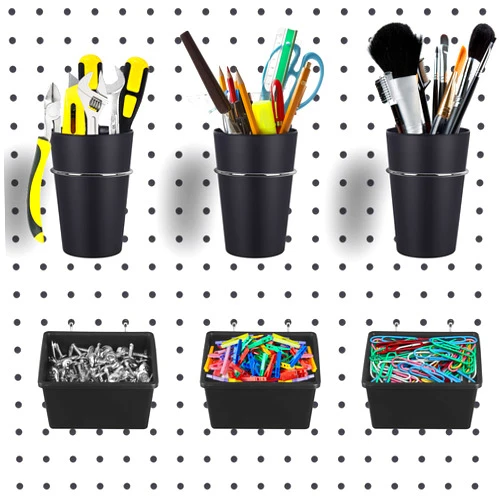 Kuhome 6 Sets Pegboard Bins Pegboard Cups with Hooks, Pegboard Hooks Assortment, Hooks for Pegboard Cup Holder for Organizing Accessories Tools Storage Office Workshop Garage Workbench Black