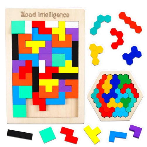 LOOIKOOS 2 Pack Wooden Brain Teasers Toy Blocks Puzzle Games for Kids & Adults Tangram Jigsaw Intelligence Russian Blocks Game Hexagon Puzzles STEM Montessori Toys Educational Toy Gift for Kids