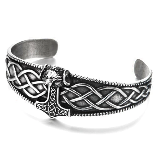 COOLSTEELANDBEYOND Men's Viking Thor's Hammer Cuff Bracelet, Steel Open Bangle, Celtic Knotwork Design, Norse Mythology