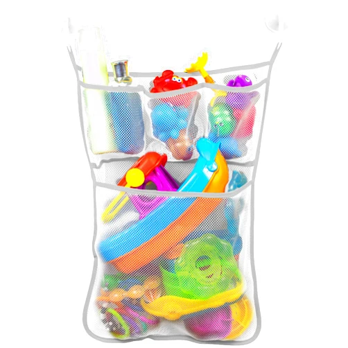 S&T INC. Bath Toy Storage Net with Pockets for Tub, Shower Caddy Holds Baby and Kids Toys, Soap, or Shampoo, Hooks Included, 14 Inch by 20 Inch, Grey, 1 Pack