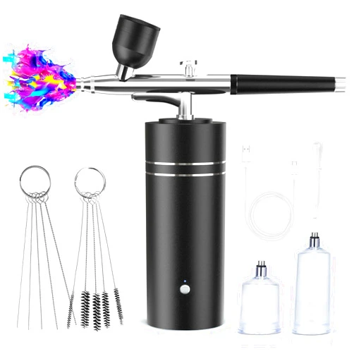 Fehrominger Airbrush Kit with Compressor 30PSI Portable Airbrush Gun Rechargeable Handheld Cordless Air Brush for Nails Art, Painting, Cake Decor, Cookie, Mode, Makeup, Barber (Black)