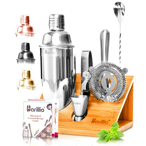 Barillio Bartender Kit - Stainless-Steel Cocktail Shaker Set with Bamboo Stand - Mixology Bar Tools w/Shaker, Drink Mixer Spoon & Muddler for Cocktails - Home Bar Accessories - 10-Pc Bar Set - Silver