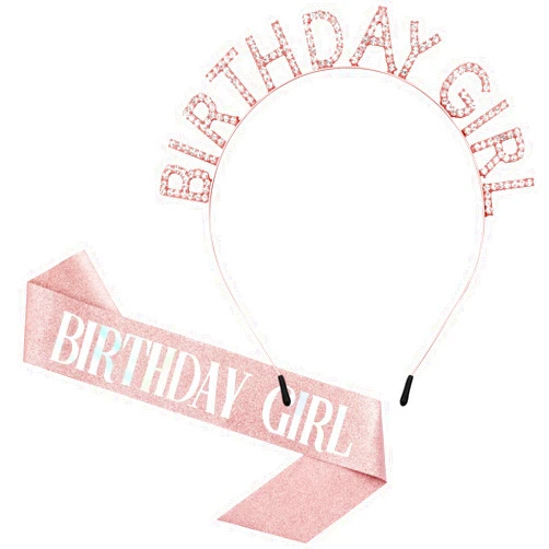 Aurmigle Birthday Crowns for Women, Rose-Gold Birthday Girl Sash & Birthday Tiara for Women Set, Princess Rhinestone Birthday Girl Headband Birthday Gifts for Women, Sweet Happy Birthday Accessories