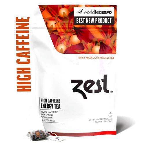 ZEST TEA Zest 150mg High Caffeine Energy Leaf Blend - Spicy Masala Chai Black Tea - 20 Pack Bag - All Natural Strong Flavored Healthy Coffee Alternative Highly Caffeinated Substitute - Perfect for Keto Diet