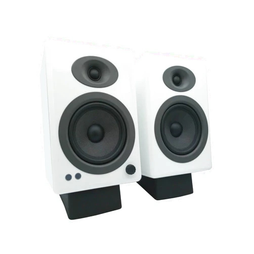Audioengine A5 White 150W Powered Bookshelf Speakers and DS2 Stands with Remote