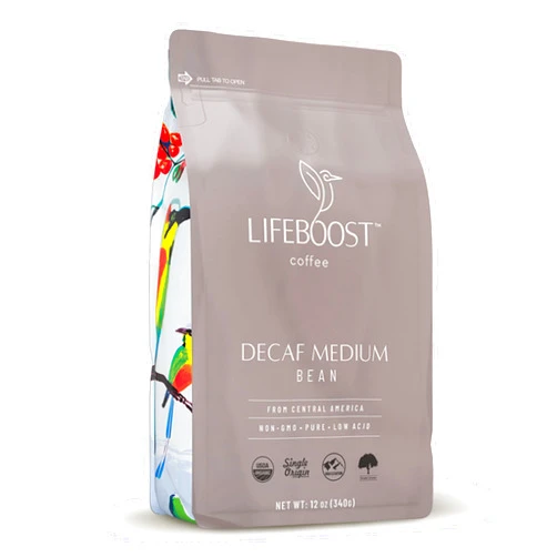 Lifeboost Coffee Medium Decaf Coffee Beans - Swiss Water Decaf Coffee - Low Acid Organic Decaf Coffee Beans - Third Party Tested For Mycotoxins & Pesticides - Whole Bean - 12 Ounces
