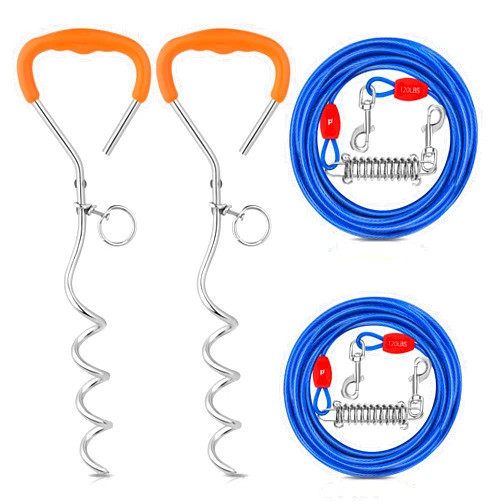 Petbobi 2 Pack Dog Tie Out Cable and Stake - 30FT Heavy Duty Cable with Spring - No Tangle, 16 in Ground Stake for Yard, Camping, and Beach - Suitable for Medium to Large Dogs Up to 120 lbs, Blue