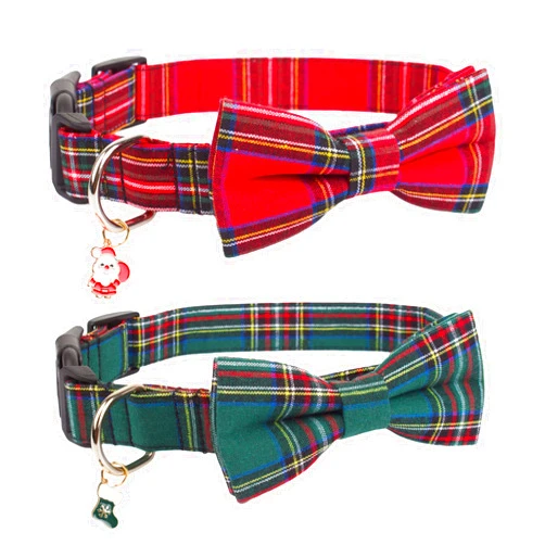 PTDECOR Christmas Dog Collar with Bow, Adjustable Christmas Plaid Dog Collars with Removable Bowtie Christmas Collars for Small Dogs Pets (Red&Green, Small)