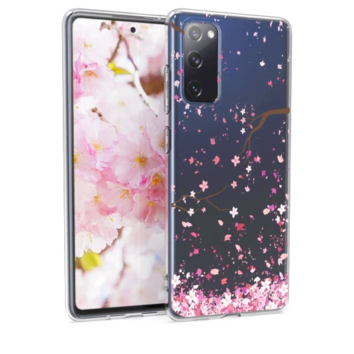 kwmobile Clear Case Compatible with Samsung Galaxy S20 FE - Phone Case Soft TPU Cover - Cherry Blossoms Pink/Dark Brown/Transparent