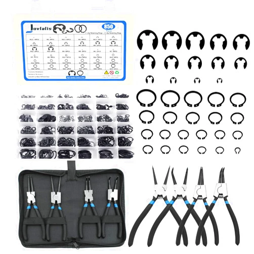 Jovlalis 850Pcs C-clip External Retaining Rings Snap Rings Assortment Kit Circlip Alloy Steel(M4-M28) + E-clip Retaining Rings Assortment Set(1.5mm-15mm) + 4-Piece 7-inch Snap Ring Pliers Set