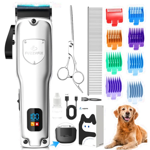 FuzzyFix Dog Clippers for Grooming for Thick Heavy Coats, Professional Pet Grooming Clippers Supplies Kit Low Noise Rechargeable Stainless Steel Hair Trimmer with Ceramic Blade for Dogs Cats Animals