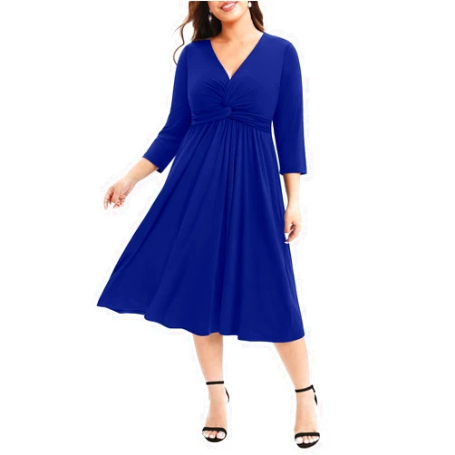 Pinup Fashion Women's Plus Size Twist Knot Front V Neck 3/4 Sleeve A-line Wedding Guest Midi Dress