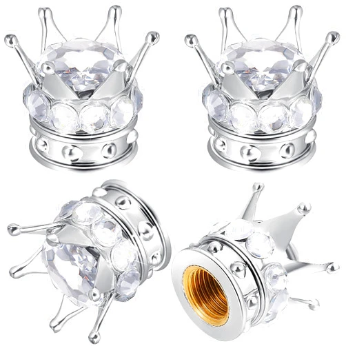 Frienda 4 Pieces Crown Tire Valve Stem Caps Bling Handmade Crystal Rhinestone Universal Chrome Crown Vehicle Car Tire Caps Covers, Attractive Accessories for Car (White)
