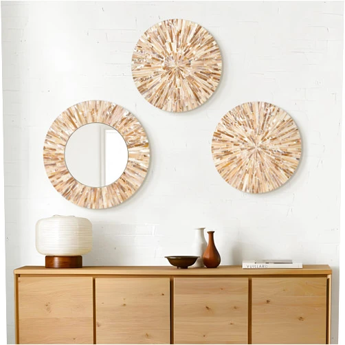 TEIPAI Boho Decorative Mirror for Living Room, 3PCS Handcrafted Mother of Pearl Mirror Wall Decor for Home Dorm Apartment Hallway Staircase, Mosaic Art Plates for Wedding Decoration (Dark Brown)