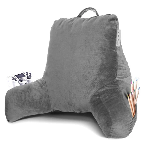 Clara Clark Reading Pillow, Standard Back Pillow for Sitting Up in Bed, Memory Foam Back Support Pillow, Reading Pillows for Sitting in Bed, Grey Sit Up Pillow for Bed Chair Arm Pillow with Pockets