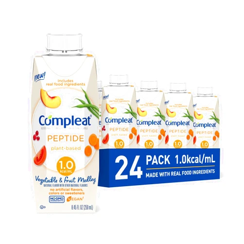 Compleat Peptide 1.0, Real Food and Peptide-Based Tube-Feeding Formula, Vegan, Vegetable & Fruit Medley (Pack of 24)
