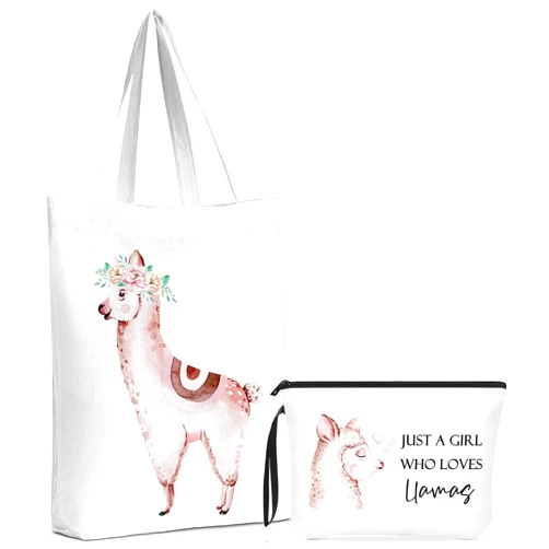 Locmeo 2 Pcs Llama Gifts for Christmas Women Cute Animal Lover Gifts Include Canvas Tote Bag and Makeup Bag Just a Girl Who Loves Llamas Gift for Sister Friends