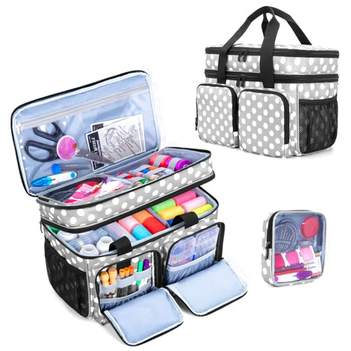 BAFASO Large Sewing Organizer Bag with an Individual Pouch and Detachable Dividers, 2 Layers Sewing Storage Bag for Sewing Supplies, Polka Dots