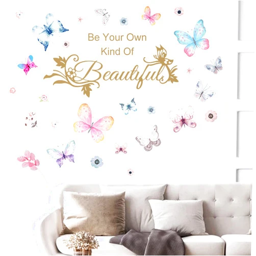 X-xdaonl Colorful Butterflies Wall Sticker, Simplicity Butterfly English Words Wall Decal, Be Your Own Kind of Inspirational Quotes Wall Décor, DIY Flower Vinyl Art Mural for Girls Bedroom Nursery Living Room