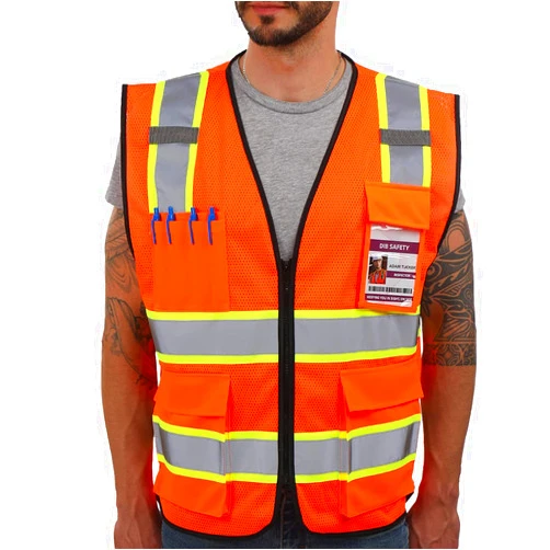 Dib Safety Reflective Mesh Vest High Visibility Two Tone with Pockets and Zipper, ANSI Class 2 Compliant, Orange Mesh with Yellow Trim XL