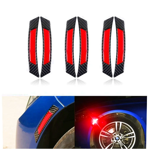 Fogfar 6 Pack Car Door Reflective Stickers, Carbon Fiber Anti-Collision Strips, Safety Warning Auto Exterior Wheel Eyebrow Stickers, for Car Side Bumper Fenders Truck Wheel Well Arch (Black & Red)