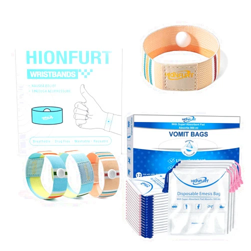Hionfurt Nausea Relief Motion Sickness Bands and 12 Pcs Absorbent Vomit Bags Disposable