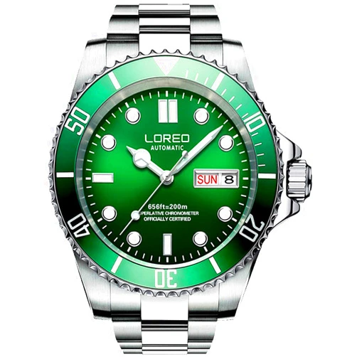LOREO Mens Silver Stainless Steel Sapphire Glass Blue Rotating bezel Men's Automatic date week Watch
